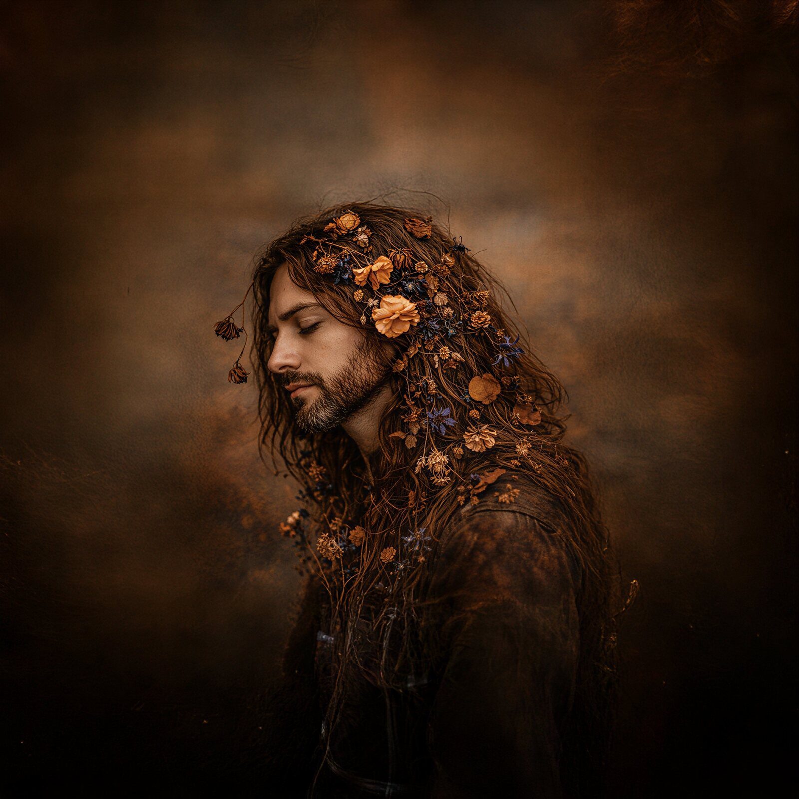 Isaac Matthews in autumn — dried gold flowers woven through his hair against deep umber