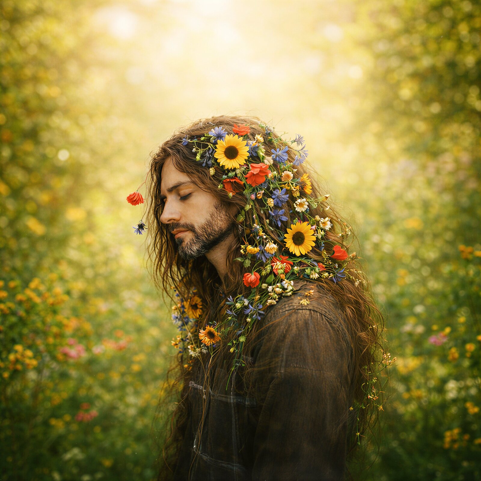 Isaac Matthews in summer — sunflowers and wildflowers in golden field light