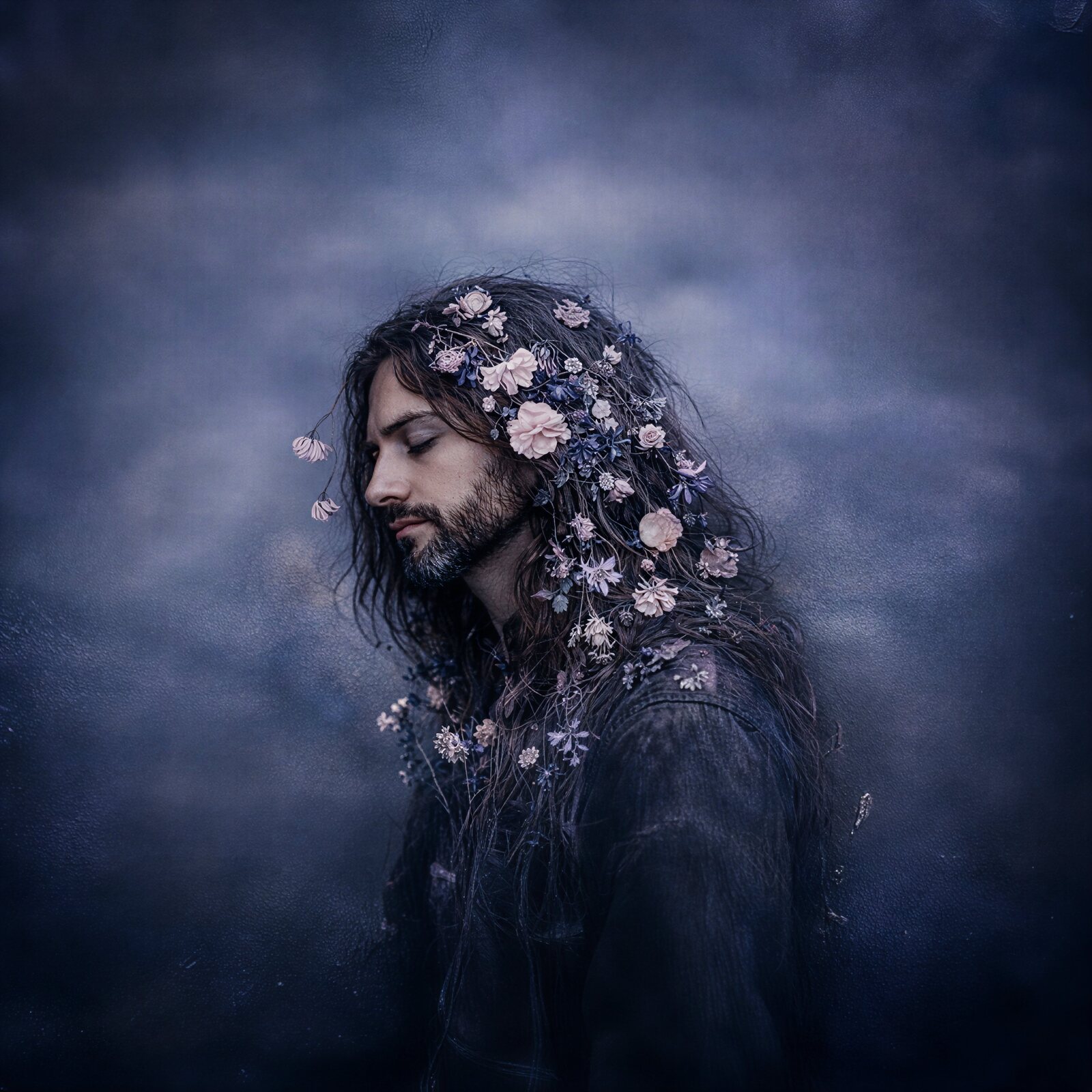 Isaac Matthews in winter — pale blossoms against a slate blue storm